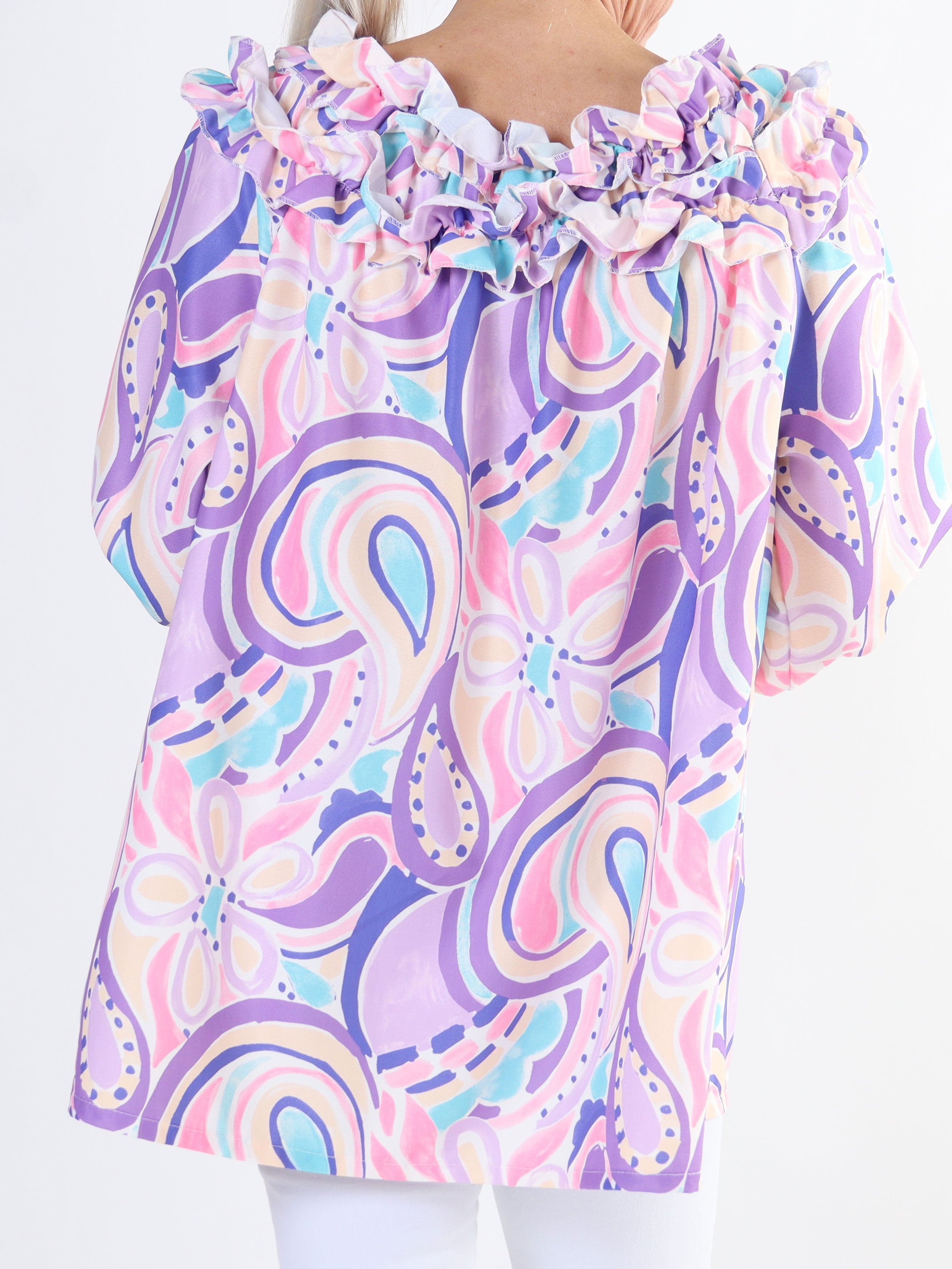 Chili Pattern - Långärmad mönstrad tunika med volanger för stora storlekar